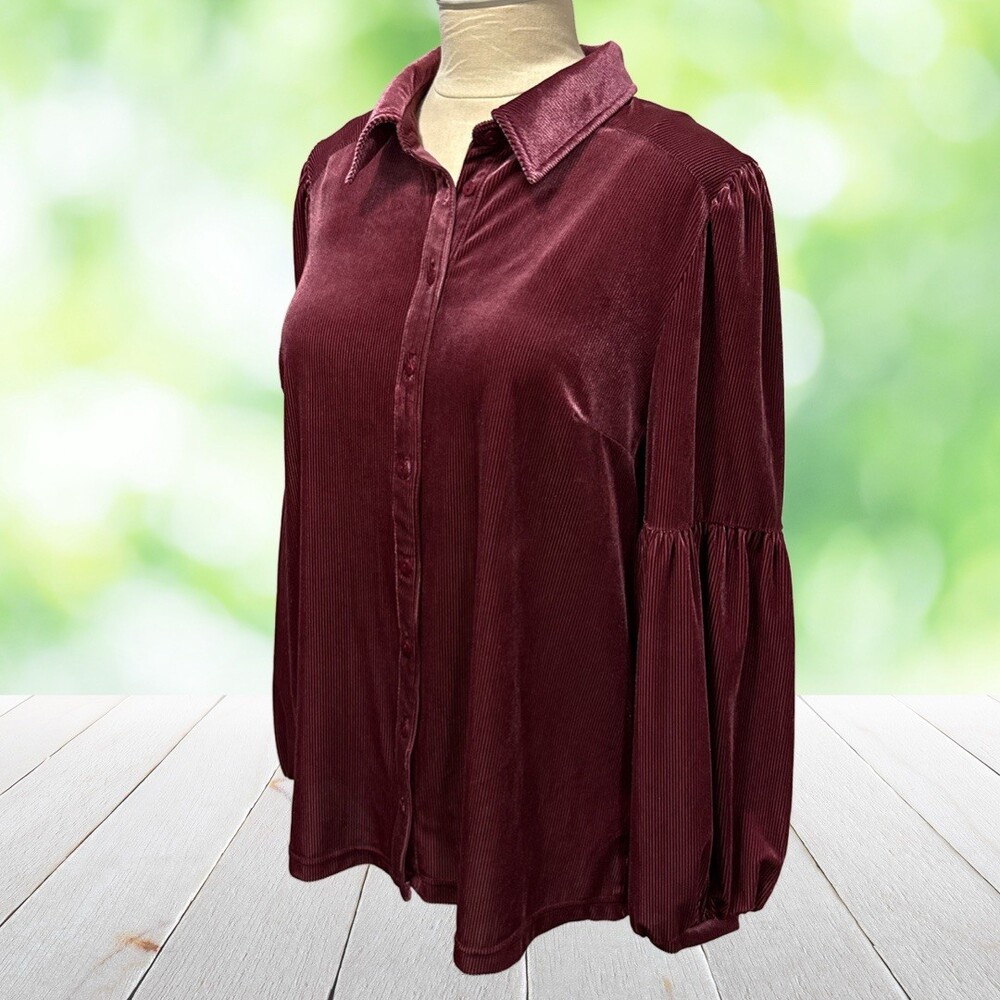 MODCLOTH Tunic Blouse Women L Wine Ribbed Velvet Balloon Sleeve Romantic Stretch